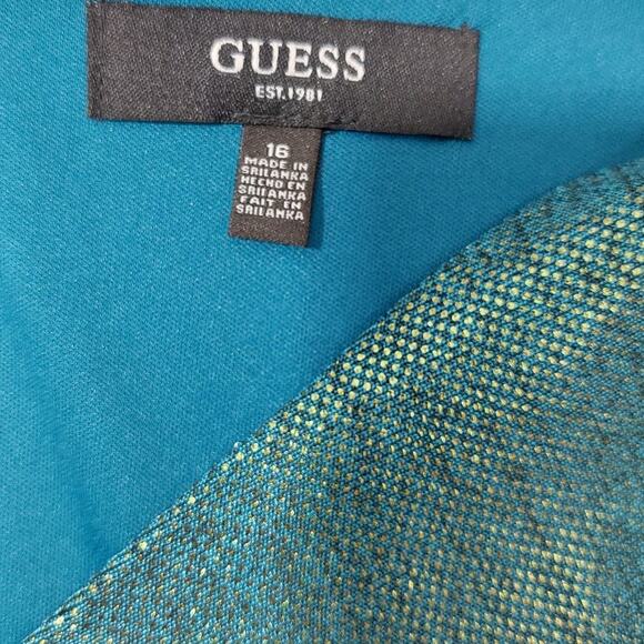 GUESS SZ 16 XL Plus teal gold textured vneck long sleeve ruched dress NWT B137 - Picture 4 of 8